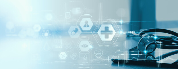 Close up of a stethoscope and digital tablet with virtual electronic medical record of patient on interface.Digital healthcare and network on modern virtual screen, DNA medical technology.