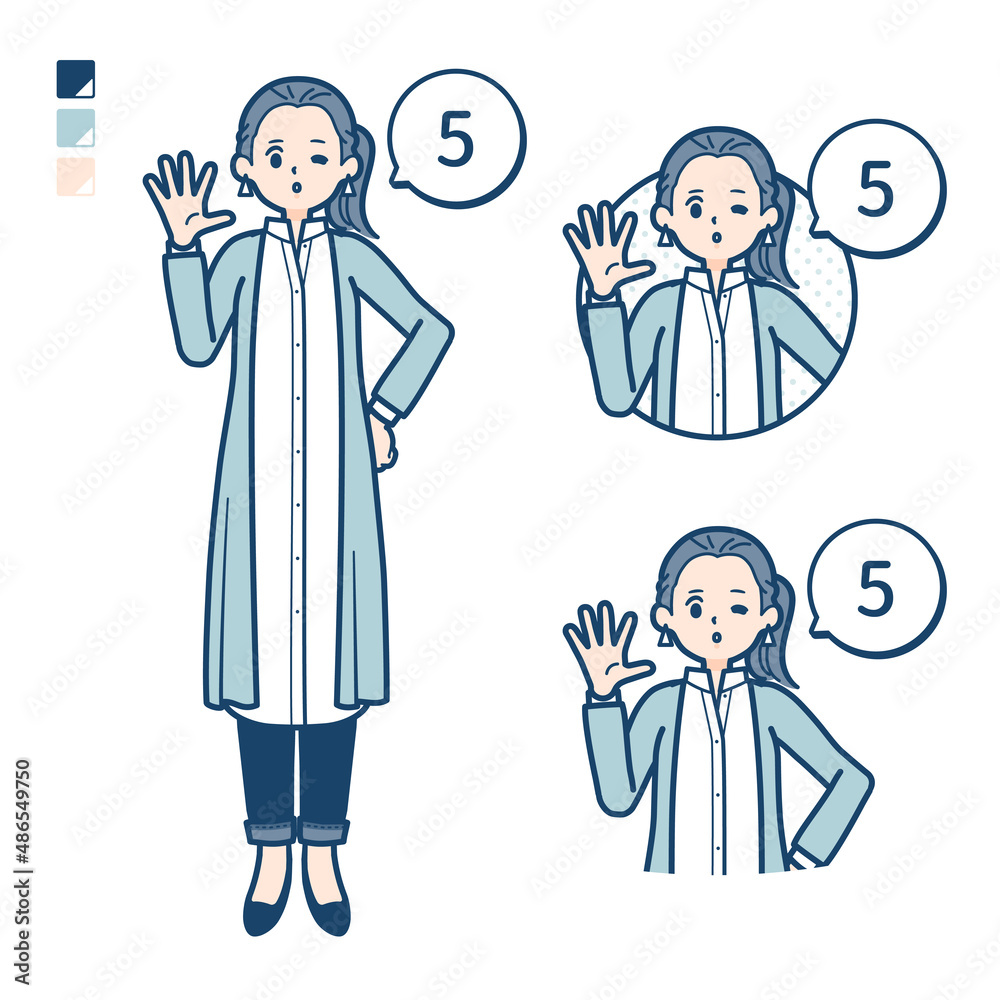 ロングシャツを着た女性が5とカウントしているイラスト