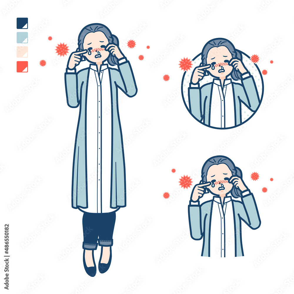 ロングシャツを着た女性が花粉アレルギーに苦しんでいるイラスト