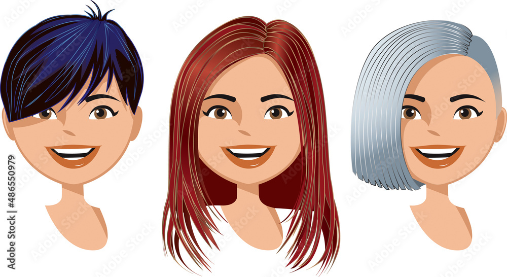 Three smiling young women modeling trendy, modern, asymmetrical hairstyles Three smiling young women modeling trendy, modern, asymmetrical hairstyles
