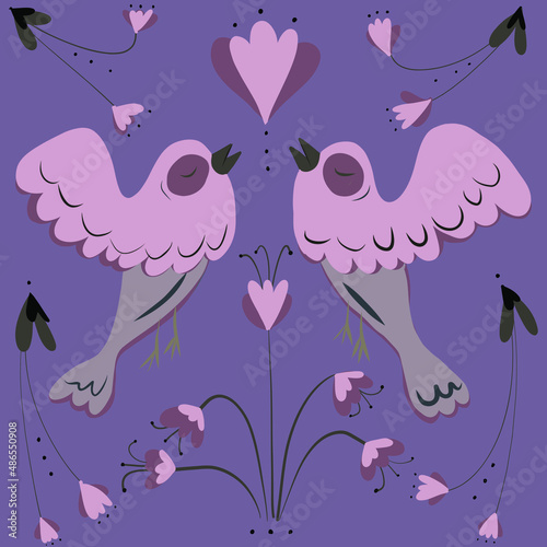 Birds fairytale pink navy floral forest
