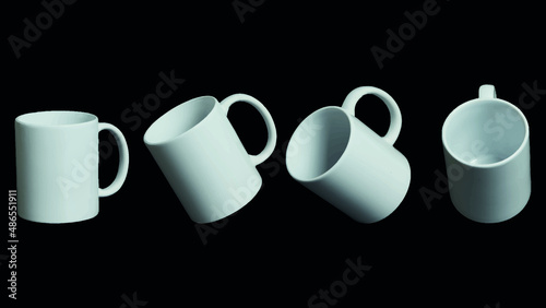 Four white cups on black background in different positions. Vector