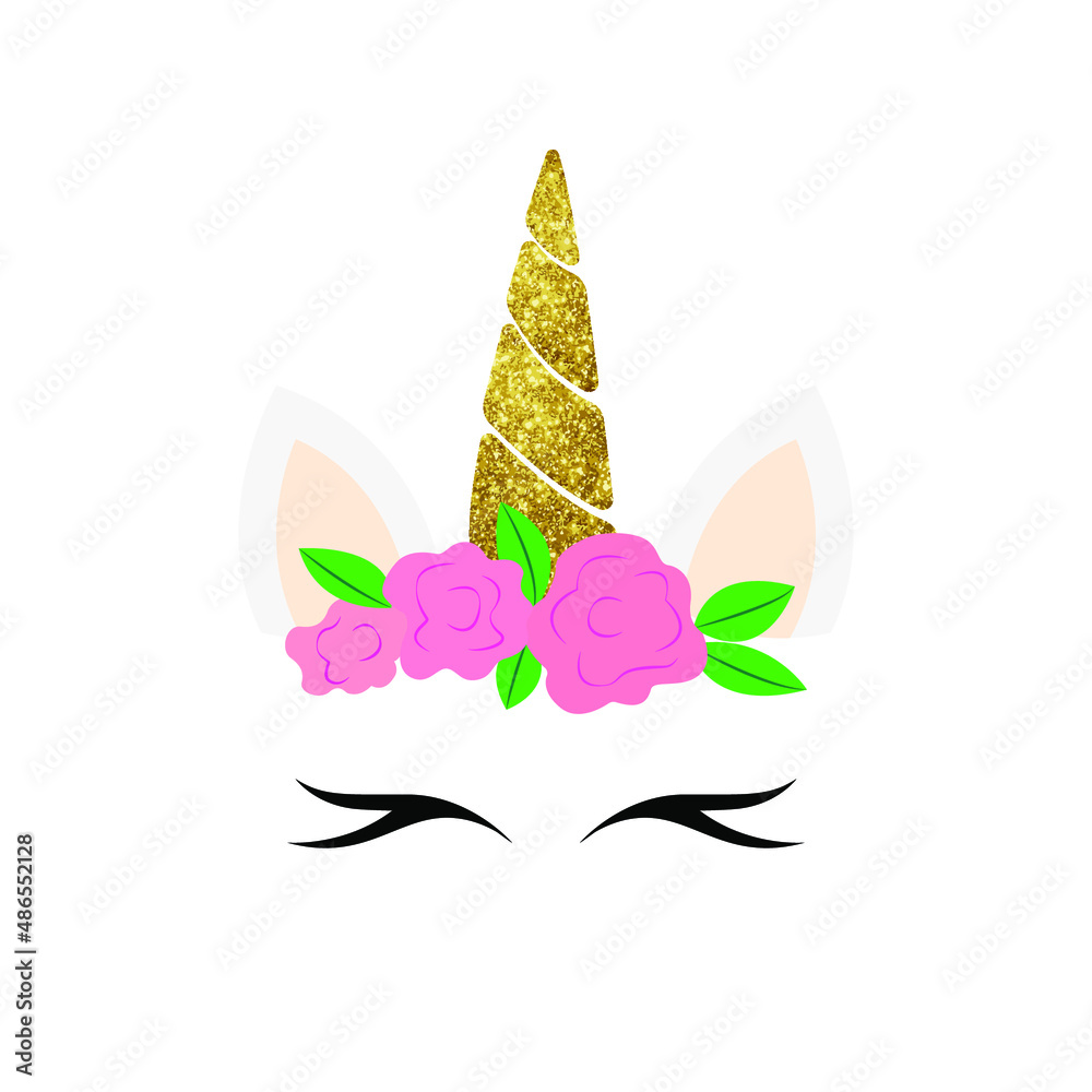 Cute unicorn head and eyes with flower