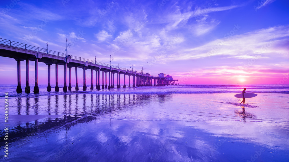 the huntington beach pier during sunset, california