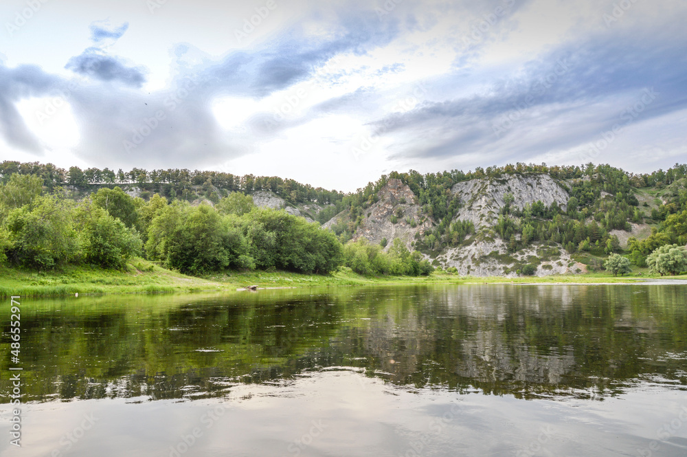 Wallpaper, summer, June, nature, landscape, river, water, glare, reflections, mountains, rocks, forest, fir trees, fir trees, green grass, height, distance, space, sky, clouds, day, rafting, climbing