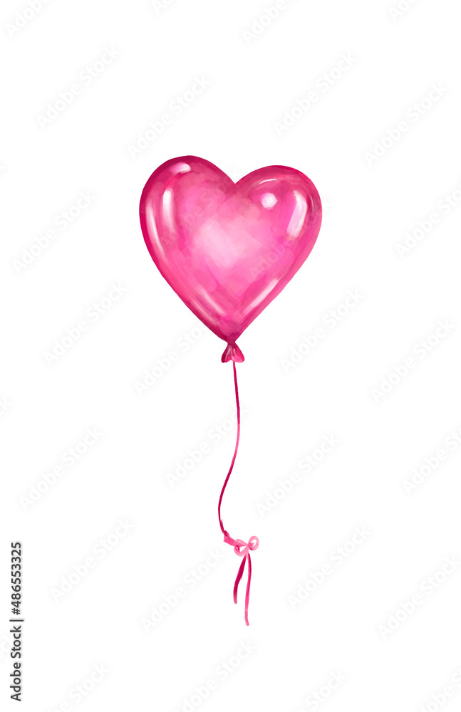Pink heart-shaped balloon isolated on a white background. Valentine's Day. A symbol of love. Hand drawn illustration