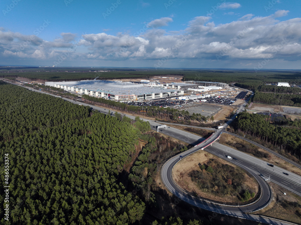 Aerial view of an electric car and battery factory in Grünheide, Germany