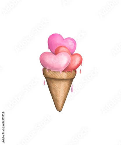 Pink raspberry ice cream in a heart-shaped waffle cone isolated on a white background. Love dessert. Yummy for lovers. Handmade watercolor illustration