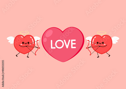 Cute Heart flying on white wings. Vector set Heart character on white background. Romantic flat style Valentine's Day illustrations to express feelings of love.