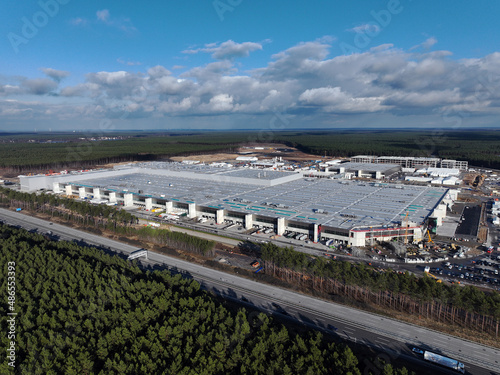 Photography Aerial view of an electric car and battery factory in Grünheide, Germany