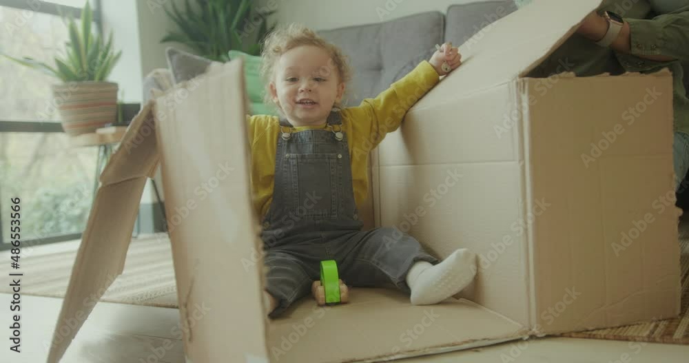 Toddler Playing with Mother at Home in Cardboard Box Toddler Playing with Mother at Home in Cardboard Box