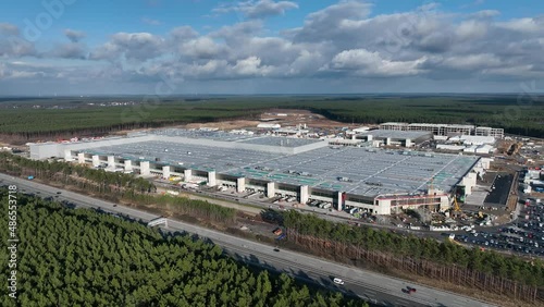 Aerial view of an electric car and battery factory in Grünheide, Germany