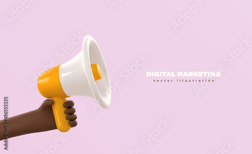 3d cartoon vector African hand holding megaphone social media marketing banner template. Promotion advertising 3d loudspeaker in african american arm.