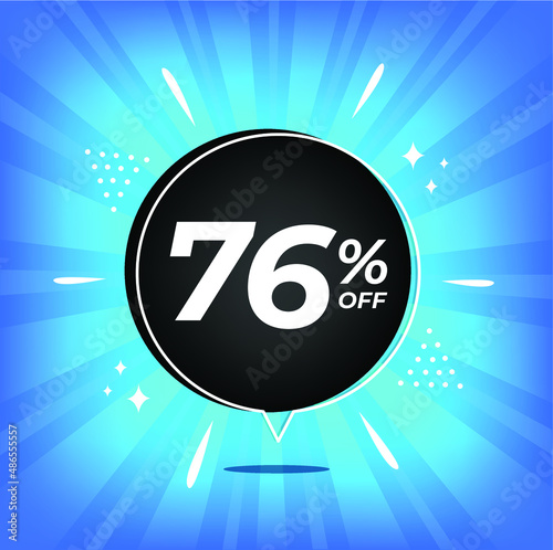 76  off. Blue banner with seventy-six percent discount on a black balloon for mega big sales.