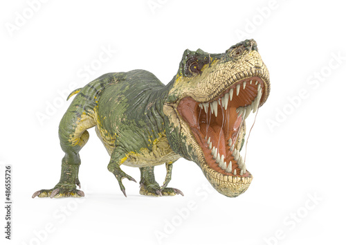 tyrannosaurus rex is getting ready to jump in white background side view