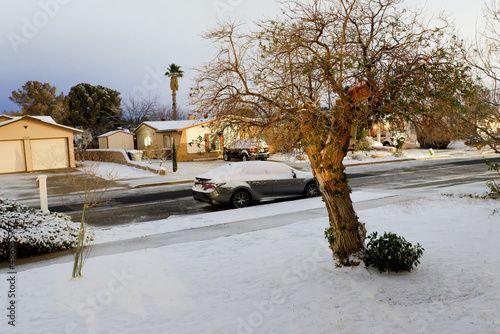 Residential area covered in fresh fallen snow