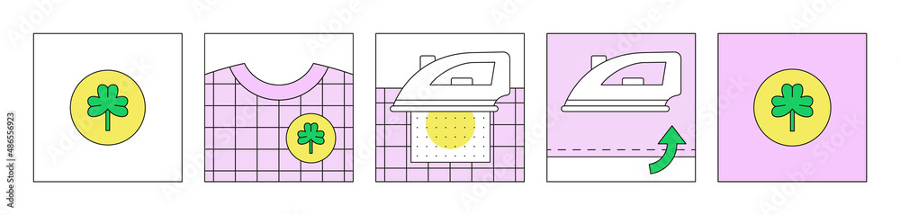 Iron on clothing patches. Instruction in pictures. How to attach patches with heat seal backing. Scheme can be used in package design. Heat, thermo or thermal patches for clothes. Vector illustration Iron on clothing patches. Instruction in pictures. How to attach patches with heat seal backing. Scheme can be used in package design. Heat, thermo or thermal patches for clothes. Vector illustration