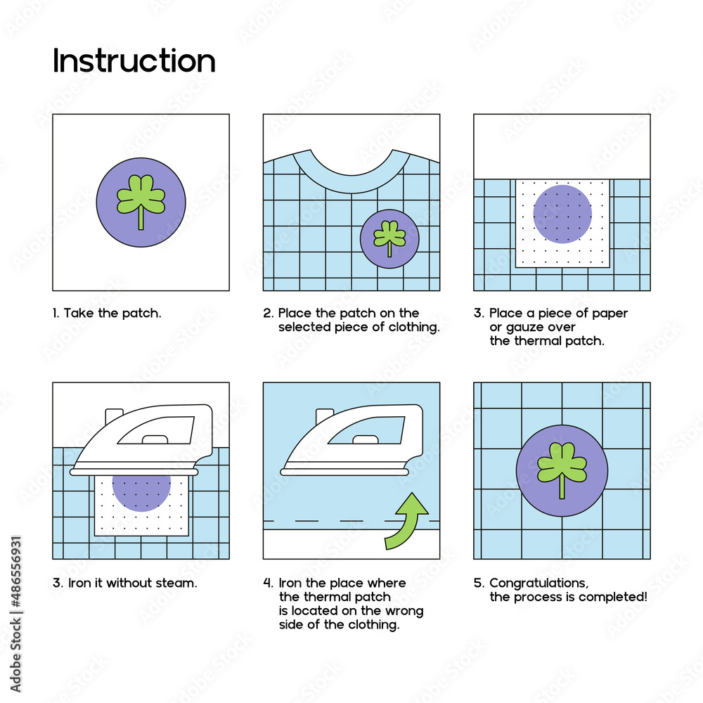 Vetor de Iron on clothing patches. Instruction in pictures. How to