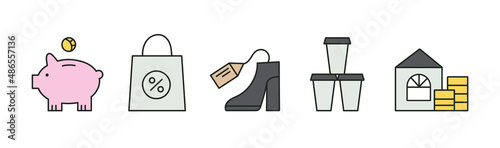 Financial icons set - types of money spending. Piggy bank, investments, savings, sale, purchases, lots of small and unnecessary expenses, like expensive coffee to go, mortgage. Vector illustration.