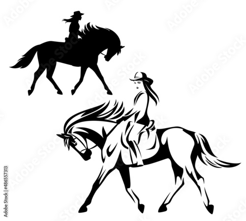cowgirl riding a horse - wild west cowboy ranger black and white vector outline and silhouette design set