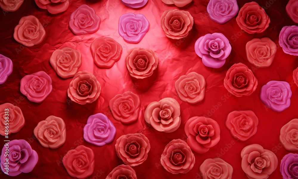 Wax roses on vibrant red backdrop. 3D rendering