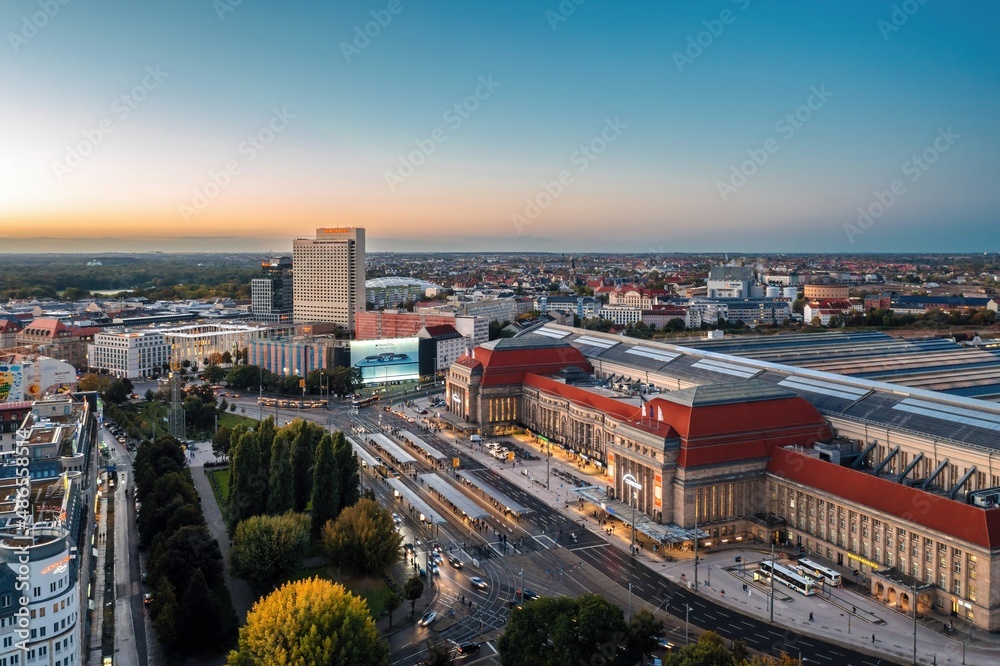 Aerial evening view on Leipzig central railway station