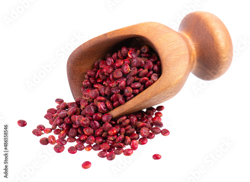 Sumac seeds in wooden scoop, isolated on white background. Whole dry Rhus berry.