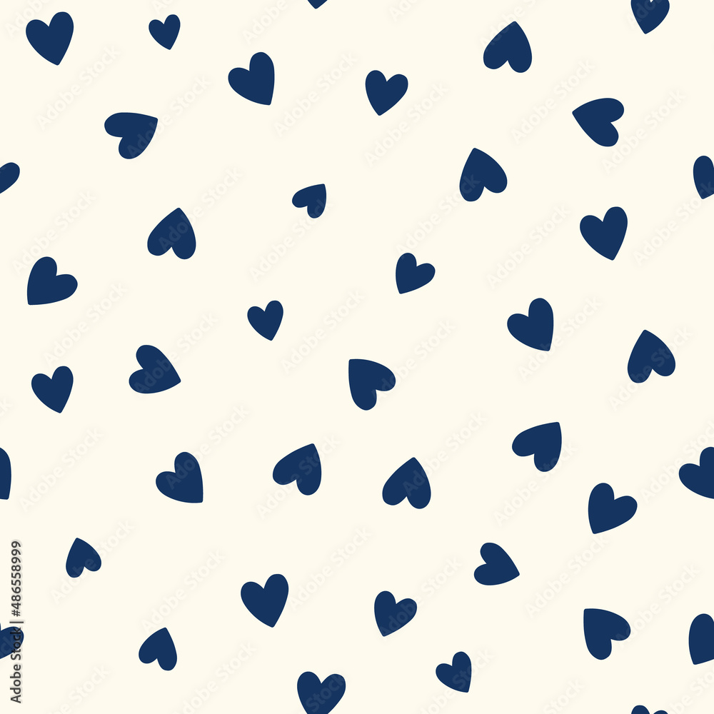All over seamless vector repeat pattern with ditsy small navy blue hand drawn doodle hearts tossed on cream background. Simple cute Valentines day background All over seamless vector repeat pattern with ditsy small navy blue hand drawn doodle hearts tossed on cream background. Simple cute Valentines day background