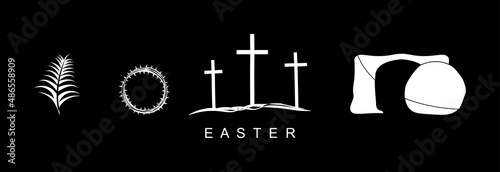 Easter, badge set, palm leaves, wreath, cross and cave. 