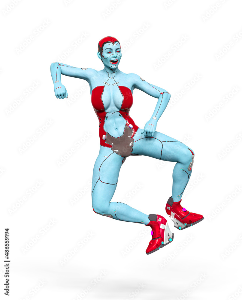 super cyborg girl is doing a happy dance with a mocking face in white background