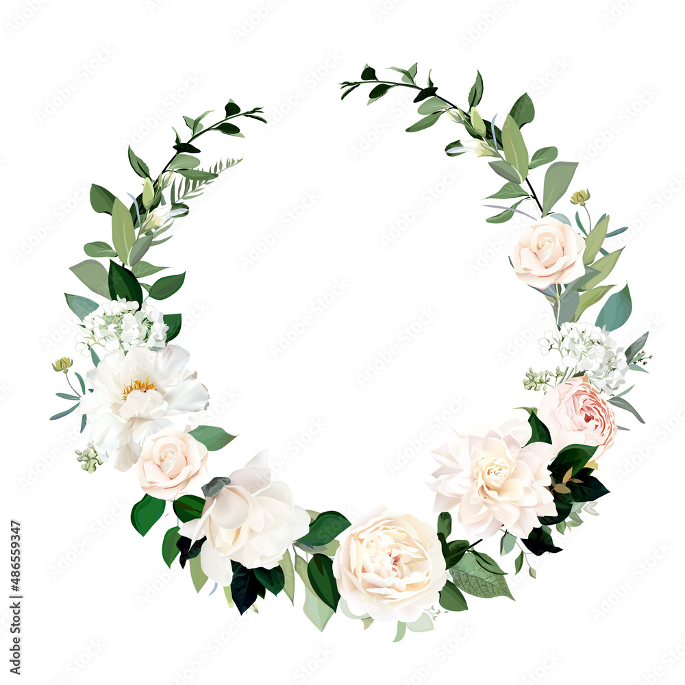 Naklejka premium Blush pink roses, hydrangea, dahlia, white peony vector design invitation frame