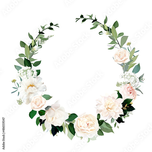 Blush pink roses, hydrangea, dahlia, white peony vector design invitation frame