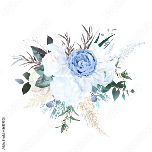 Dusty blue rose, white hydrangea, ranunculus, magnolia, agonis, pampas grass
