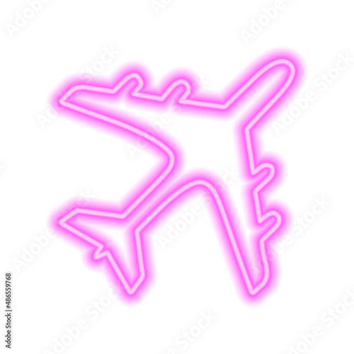 Pink neon sign of airplane isolated on white