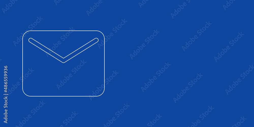 A large white outline email symbol on the left. Designed as thin white lines. Vector illustration on blue background