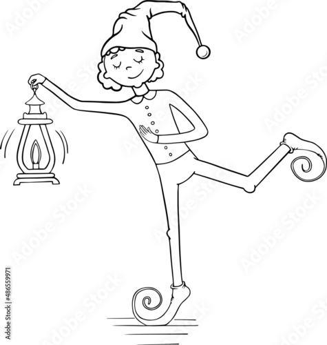 Vector outline illustration of cute gnome with a flashlight, cap on his head, coloring book for everyone