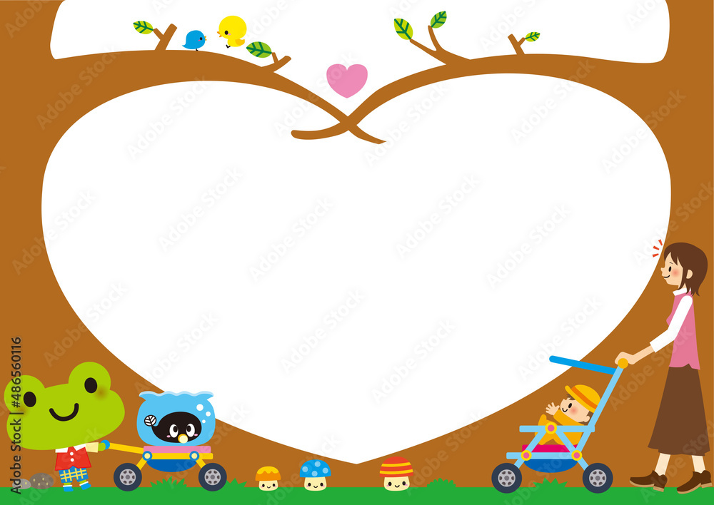 Obraz premium フレーム,家族,動物,ママ,赤ちゃん,カエル,ベビーカー,おたまじゃくし,育児,子育て,保育,キノコ,ひよこ,ヒヨコ,鳥,お母さん,手押し車,ファミリー,親子,子供,子連れ,お出かけ,乳母車,ウサギ,木,葉,散歩,外出,シンプル,かわいい,ハート,ネズミ,きのこ,おすすめ,提案,応援,お知らせ,案内,説明,枠,メッセージ