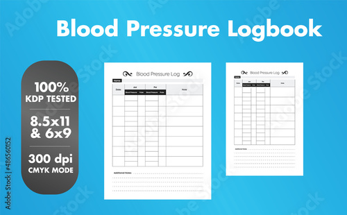 Blood Pressure Log Book template. Hot niche for KDP. Recordkeeper notebook. Neat and clean professional work. 300 dpi CMYK format, ready to use.