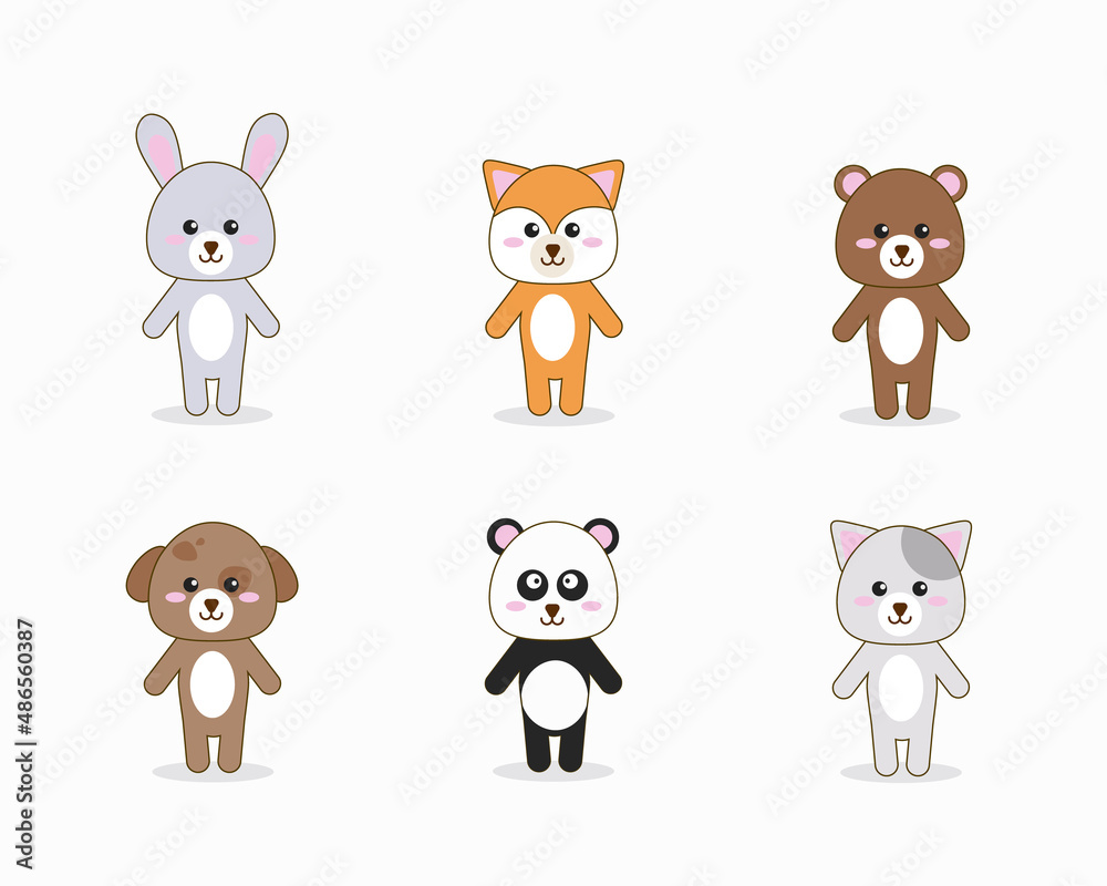 Cute animals for baby, postcards, invitations, covers. Vector illustration in a flat style. Rabbit, dog, porridge, panda, bear, fox