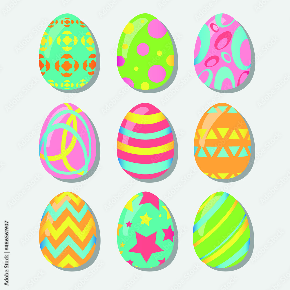a network of Easter eggs of nine pieces of multicolored, with stripes circles and stars