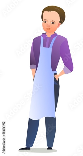 Little boy craftsman or artist. Teen in apron. Master in workwear. Cheerful person. Standing pose. Cartoon comic style flat design. Single character. Illustration isolated on white background. Vector