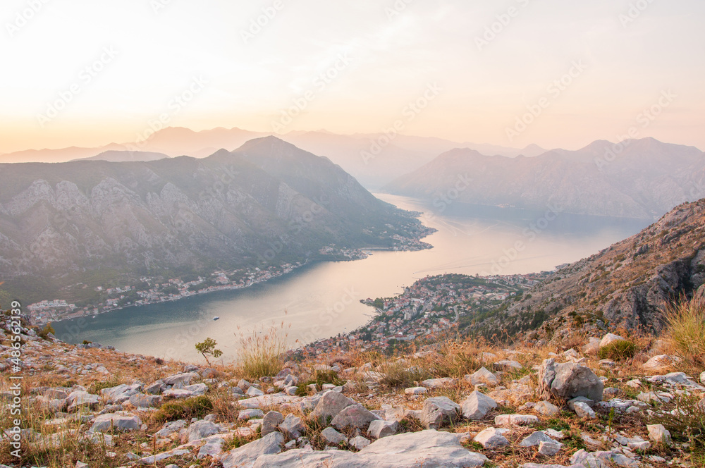 Prcanj and Dobrota view from mountains in Kotor, Montenegro