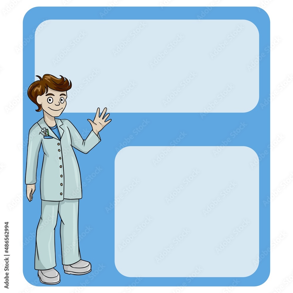 Vector . A card, a business card with an empty space to insert. A doctor, a dentist stands in a doctor's suit Vector . A card, a business card with an empty space to insert. A doctor, a dentist stands in a doctor's suit
