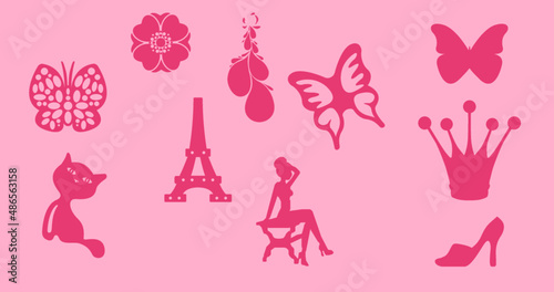 set icone musica note tromba cassa giochi bambina rosa femminile farfalla Parigi fiore ragazza gattino scarpe corona principessa photo