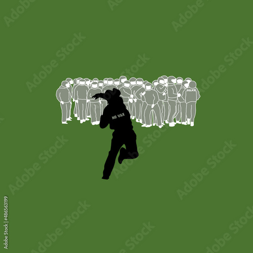 illustrazione vettoriale manifestazione rivolta sgombero molotov ribellione dimostrante rabbia popolo carica polizia guardie blackblock novax protesta ribelle città '68 armi guerriglia bomba fumogeni