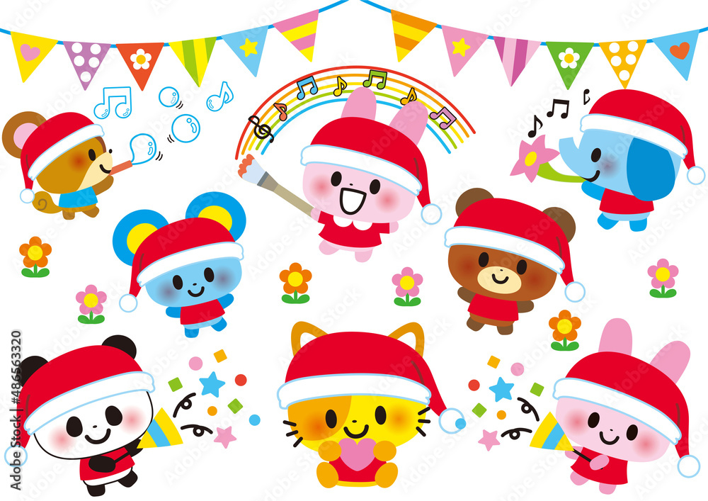 Fototapeta クリスマス サンタ イラスト フレーム 誕生日 動物 幼稚園 12月 サンタクロース 冬 １２月 メリークリスマス ジングルベル パーティー 子供 クラッカー クリスマスイブ サンタさん クリス Naklejamy Com