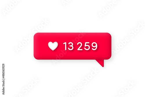 Social media like icon. Social media like icon in 3d style. Notification, count of likes for social media app. Vector