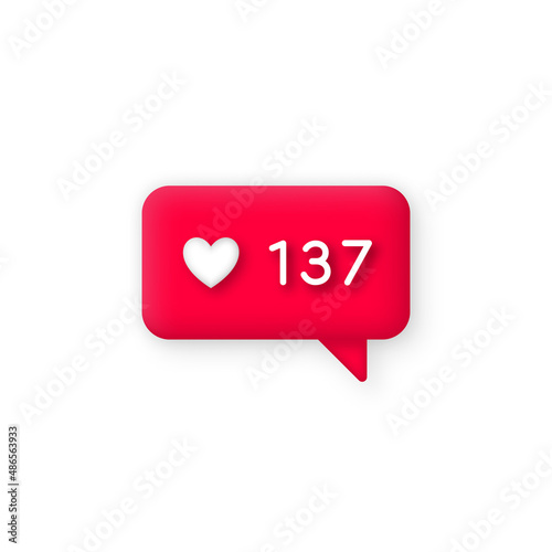Social media like icon. Social media like icon in 3d style. Notification, count of likes for social media app. Vector