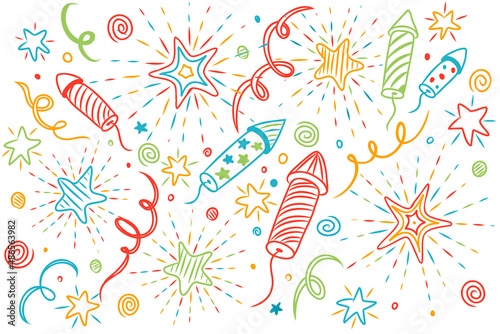 Festive background with fireworks, tinsel and stars