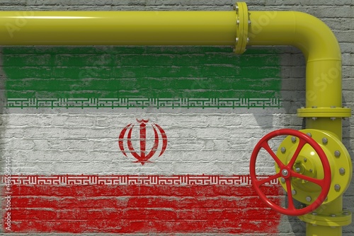 Painted flag of Iran and yellow pipe with valve, 3d rendering